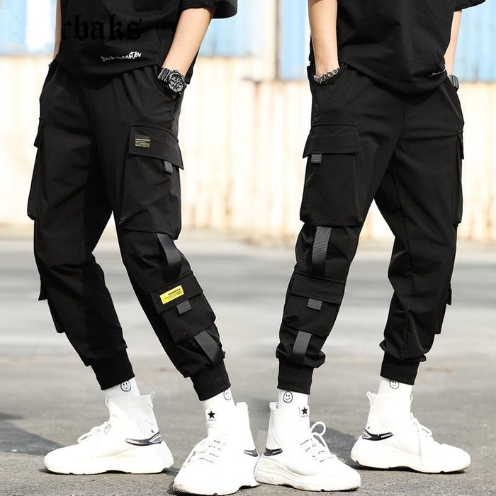 Streetwear Black Harem Pants Men Elastic Waist Punk Pants With Ribbons Casual Slim Jogger Pants Men Hip Hop Trousers