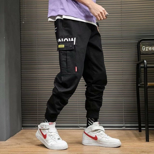 Streetwear Black Harem Pants Men Elastic Waist Punk Pants With Ribbons Casual Slim Jogger Pants Men Hip Hop Trousers