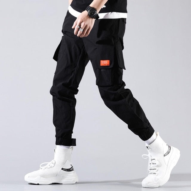 Streetwear Black Harem Pants Men Elastic Waist Punk Pants With Ribbons Casual Slim Jogger Pants Men Hip Hop Trousers