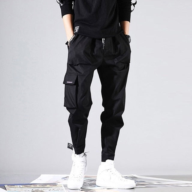 Streetwear Black Harem Pants Men Elastic Waist Punk Pants With Ribbons Casual Slim Jogger Pants Men Hip Hop Trousers