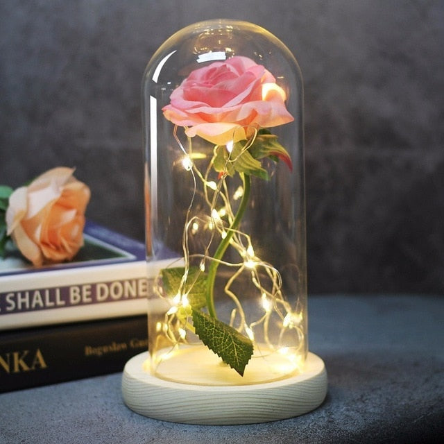 Beauty And Beast Rose In Flask Led Rose Flower Light Black Base Glass Dome Best For Mother's Day Valentines Day Gift