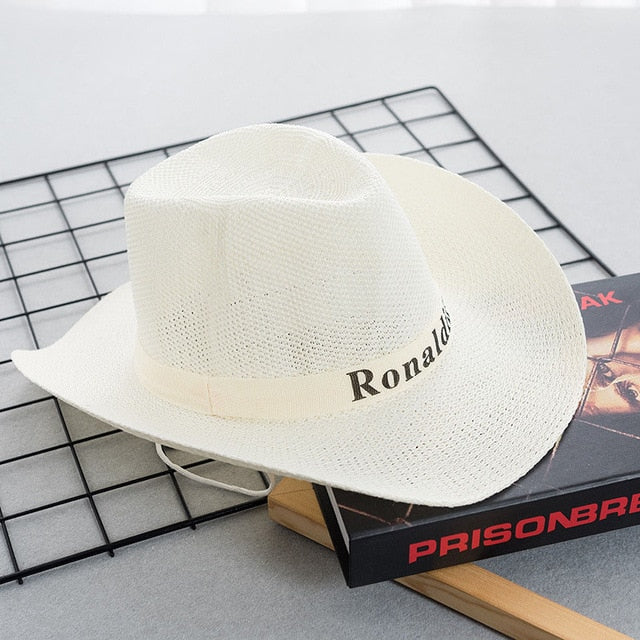 Summer cowboy hat sun visor foldable men's letter straw hat beach sun hat wide side simple casual men's outdoor big straw hat