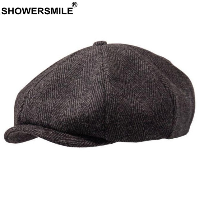 SHOWERSMILE Brand Wool Newsboy Caps Men Grey Herringbone Flat Caps Women Coffee British Gatsby Cap Autumn Winter Woolen Hats