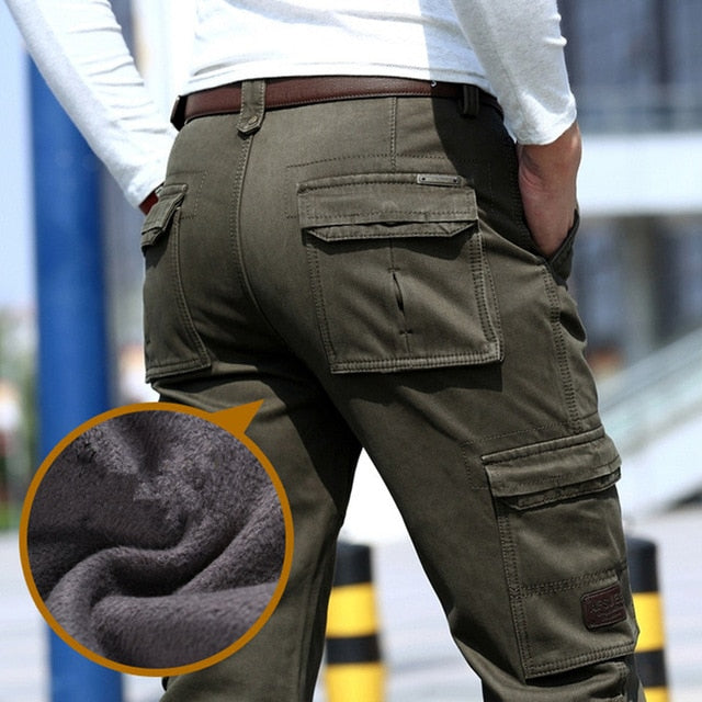 2019 Fleece Warm Winter Cargo Pants Men Casual Loose Multi-pocket Men's Clothes Military Army Green Khaki Pants Man Trousers