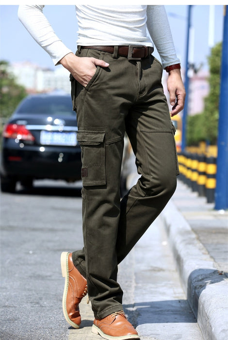 2019 Fleece Warm Winter Cargo Pants Men Casual Loose Multi-pocket Men's Clothes Military Army Green Khaki Pants Man Trousers