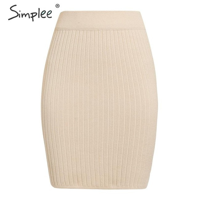 Simplee Elastic band women skirts Autumn winter warm knitted straight skirt Ribbed solid short mini ladies party wear skirt 2019