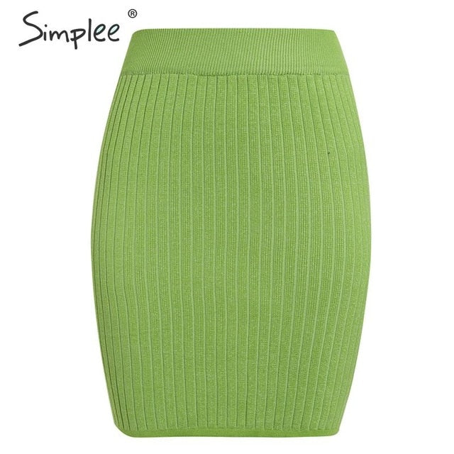 Simplee Elastic band women skirts Autumn winter warm knitted straight skirt Ribbed solid short mini ladies party wear skirt 2019