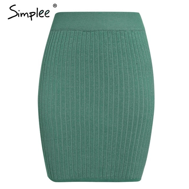 Simplee Elastic band women skirts Autumn winter warm knitted straight skirt Ribbed solid short mini ladies party wear skirt 2019