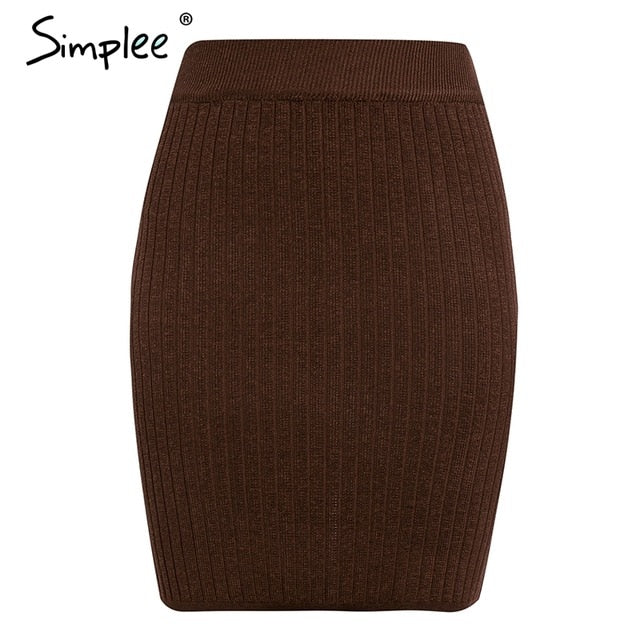 Simplee Elastic band women skirts Autumn winter warm knitted straight skirt Ribbed solid short mini ladies party wear skirt 2019