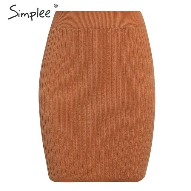 Simplee Elastic band women skirts Autumn winter warm knitted straight skirt Ribbed solid short mini ladies party wear skirt 2019