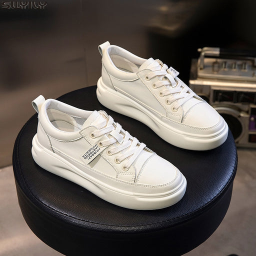 SWYIVY Genuine Leather Casual Shoes Women Sneakers 2019 Autumn Light White Sneakers Platform Med Heel Ladies Shoe Comfortable 40