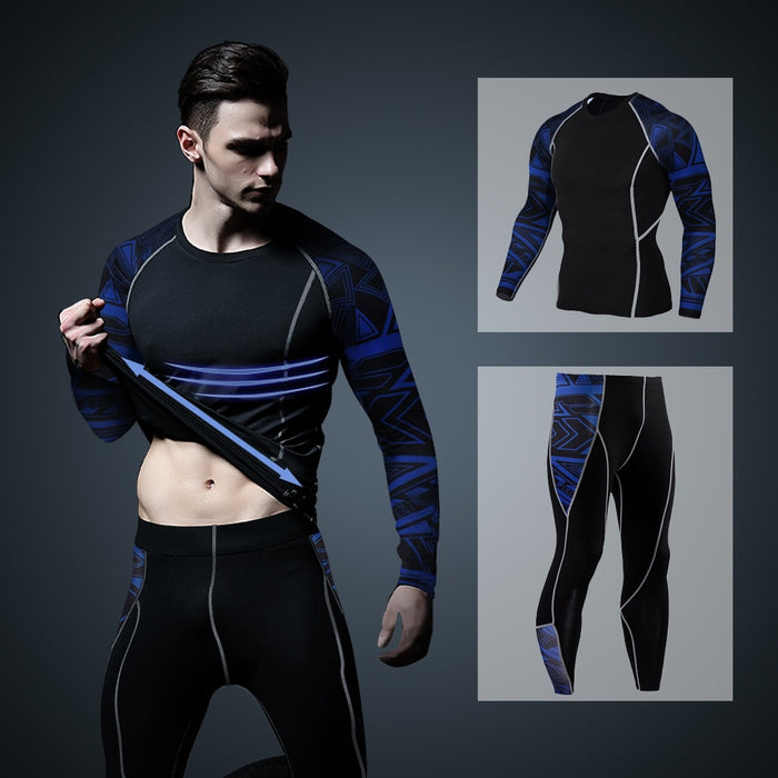 Men's Thermal Underwear Set Long Sleeve Fitness Tights Sportswear Compression Elastic Track and Field Running Wear