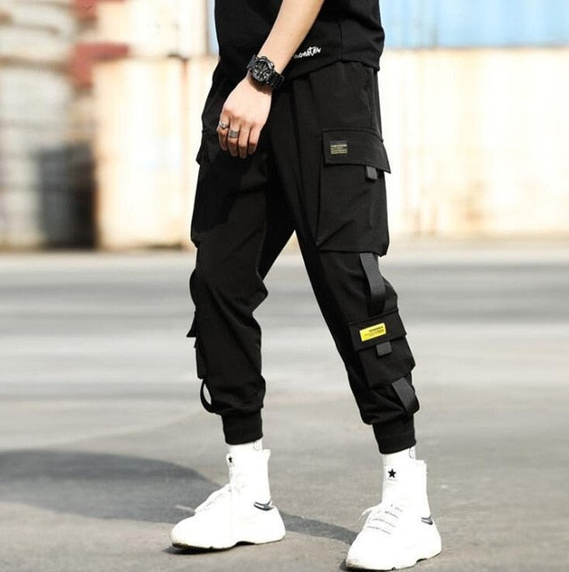 2020 Hip Hop Boy Multi-pocket Elastic Waist Design Harem cargo Pant Men Streetwear Punk Cargo Trousers Jogger Male Dancing Black Pant