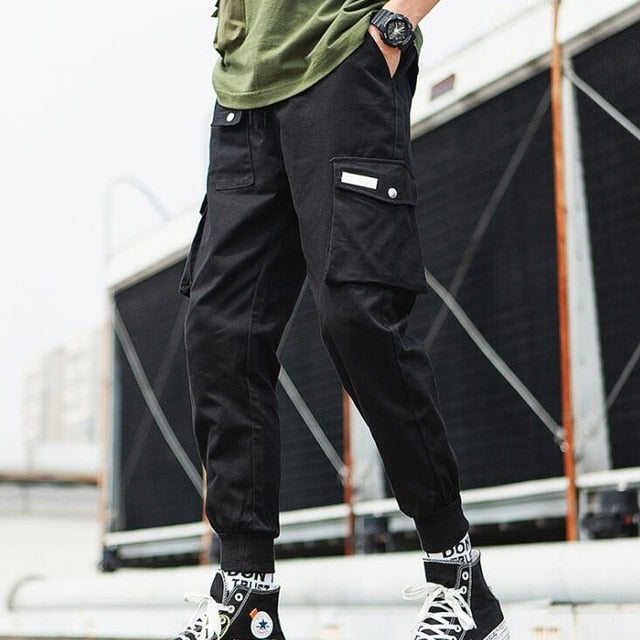 2020 Hip Hop Boy Multi-pocket Elastic Waist Design Harem cargo Pant Men Streetwear Punk Cargo Trousers Jogger Male Dancing Black Pant