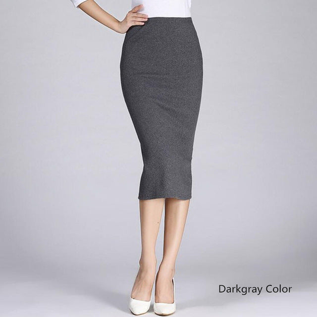 Danjeaner Stretch Slim Knitted Skirts Womens High Elastic Package Hip Mid-Calf Solid Pencil Skirt Lady Rib Cotton Maxi Skirts