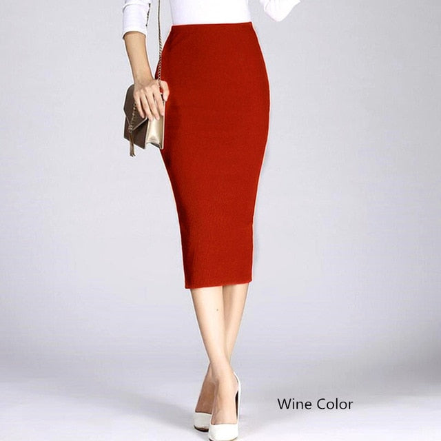 Danjeaner Stretch Slim Knitted Skirts Womens High Elastic Package Hip Mid-Calf Solid Pencil Skirt Lady Rib Cotton Maxi Skirts