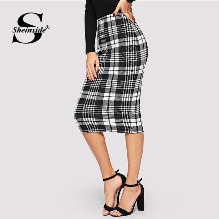 Sheinside Black and White Fitted Plaid Pencil Skirt Women Knee Length Elegant Skirts Womens OL Work Bodycon Autumn Midi Skirt