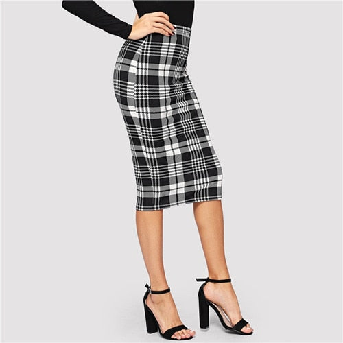 Sheinside Black and White Fitted Plaid Pencil Skirt Women Knee Length Elegant Skirts Womens OL Work Bodycon Autumn Midi Skirt