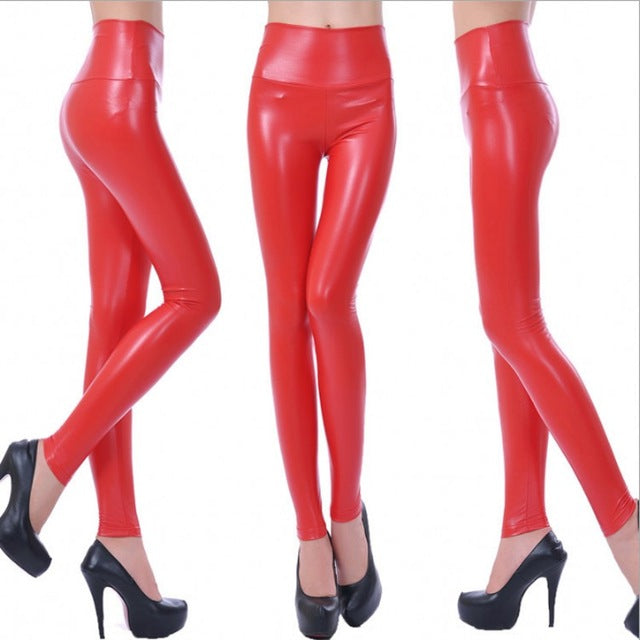 Womens PU Leather Pants High Elastic Waist Leggings Not Crack Slim Leather Leggings Fleece Trousers Women Fashion F80