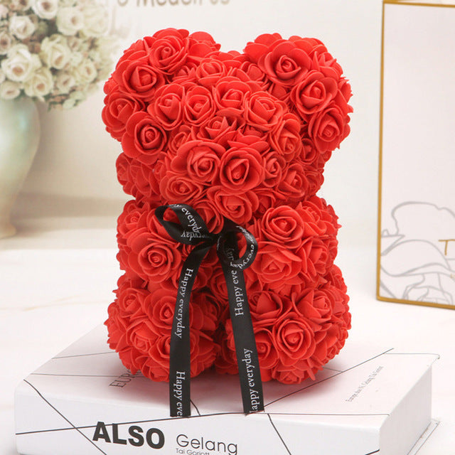 HOT Valentines Day Gift 25cm Red Rose Teddy Bear Rose Flower Artificial Decoration Christmas Gifts Women Valentines Gift